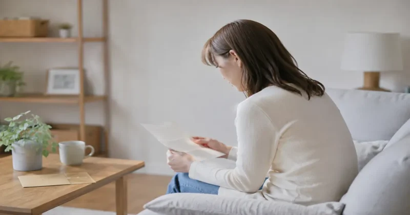 妻が一人で静かに郵送された手紙を読んでいる様子